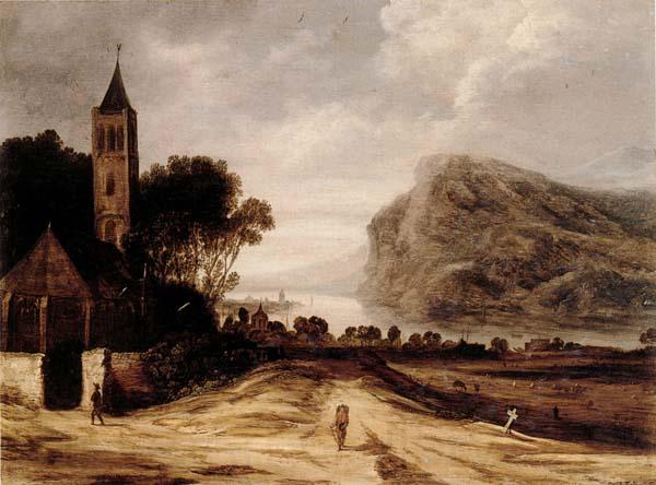 Philippe de Momper An extensiver river landscape with a church,cattle grazing and a traveller on a track